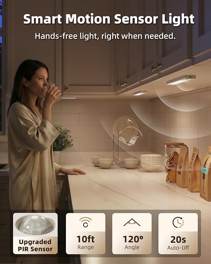EZVALO Under Cabinet Lighting Wireless, 3Pack 7.8'' Rechargeable Closet Lights, LED Motion Sensor Indoor, Dimmable & 3 Color Temps Battery Operated with Power Display, for Kitchen, Stairs, Bookshelf