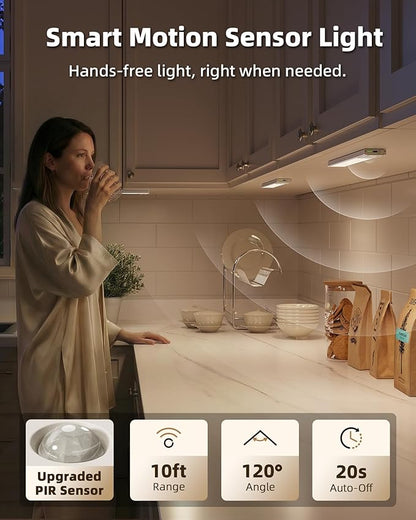 EZVALO Under Cabinet Lighting Wireless, 3Pack 7.8'' Rechargeable Closet Lights, LED Motion Sensor Indoor, Dimmable & 3 Color Temps Battery Operated with Power Display, for Kitchen, Stairs, Bookshelf