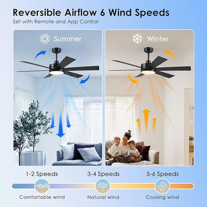BayDay Farmhouse Rustic Ceiling Fans with Lights and Remote, Bedroom Living Room Kitchen Fans Ceiling with Light Chandier (Black, 52 inch)