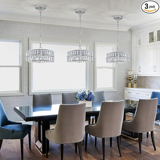Chrome Crystal Chandeliers, 3 Pack Modern Semi Flush Mount Ceiling Light, 4-Ligh Small Round Crystal Hanging Pendant Light Fixtures,D12” for Kitchen Dining Room Entryway Hallway