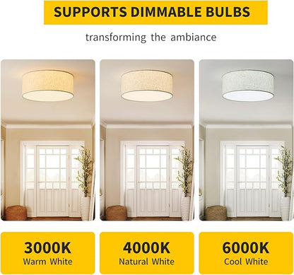 16-Inch Flush Mount Ceiling Light Fixture with Linen Fabric Shade, Modern Drum Light Fixture 3-Light Bedroom Lights for Ceiling, Farmhouse for Living Room, Dining Room, Kitchen, Entrance