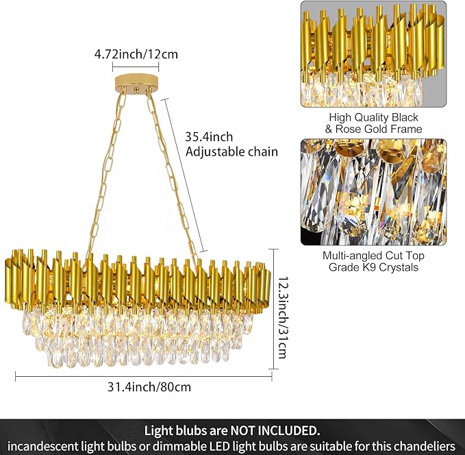 Oval Contemporary Ceiling Hanging Light, L32in Luxury Gold Chandelier Modern Rectangular Chandelier Linear Ceiling Pendant Light for Bedroom Kitchen 8Lights