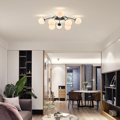 Longree 8-Light Black and White Sputnik Chandelier Flush Mount Ceiling Light with Blossom Accent, Mid Century Opal Glass Globe Bubble Chandeliers for Dining Hallway Living Entry Room