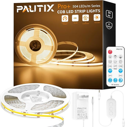 PAUTIX COB LED Strip Light 3780LEDs,Super Bright 8000 Lumen 3000K Warm White 24ft/7.5m,Dimmable 24V LED Tape Light with 3M Tape,RF Remote with Timer Function,48W Adapter,for Bedroom,Home,Kitchen DIY