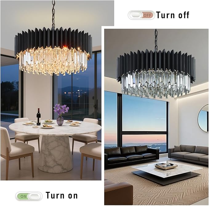 Black Crystal Chandelier 23.62'' K9 Crystal Round Pendant Lights Adjustable 5-Tier Large Modern Crystal Chandelier for Dining Room Living Room Kitchen Island Bedroom Foyer Entryway
