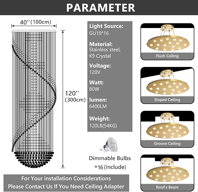D40'' x H120'' Crystal Chandelier High Ceiling Chandeliers for Staircaes Large Raindrop Chandeliers LED Dimmable Flush Mount Light Fixtures for Foyer Hallway Entryway LED Bulbs Included Gold