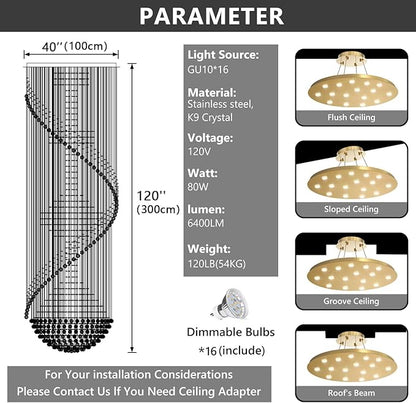 D40'' x H120'' Crystal Chandelier High Ceiling Chandeliers for Staircaes Large Raindrop Chandeliers LED Dimmable Flush Mount Light Fixtures for Foyer Hallway Entryway LED Bulbs Included Gold