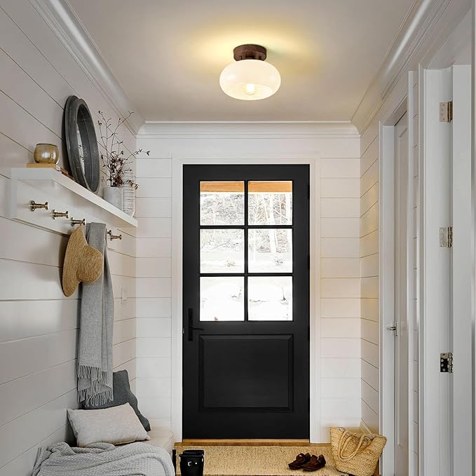 WOKNOS Mid-Century Modern Semi Flush Mount Ceiling Light, Faux Walnut Wood Kitchen Light Fixtures with Glass Shade, Mini White Close to Ceiling Lamp for Entryway Hallway Bathroom (8.66 Inch)