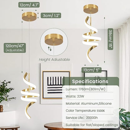 Modern Spiral LED Pendant Lights Kitchen Island, 22W Adjustable Height Hanging Light Fixture 5500K Gold Chandelier for Dining Room Cafe Table, 3 Pack