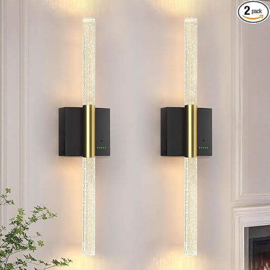 Battery Operated Wall Sconces Set of 2, 28in Rechargeable Wireless Wall Lights, 8000mAh Dimmable Modern LED Wall Lamp Fixtures with Timer Function for Living Room Bedroom Bathroom Hallway, Black