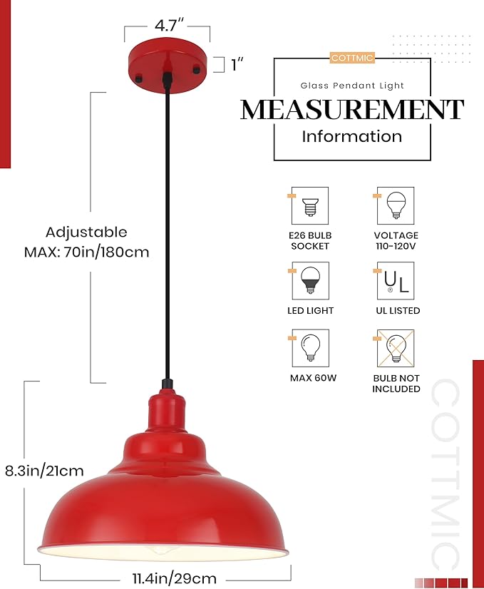 Red Farmhouse Pendant Lights, Modern Pendant Light, 11.4in Pendant Lights Kitchen Island, Adjustable Height, 2 Light Industrial Pendant Light Fixtures for Dining Room,Bedroom, Hallway