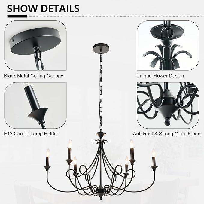 Modern 6-Lights Black Chandelier Large 36.6in Farmhouse Chandeliers Candle Dining Room Light Fixture for Living Room Kitchen Island Foyer Bedroom