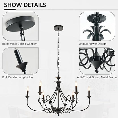 Modern 6-Lights Black Chandelier Large 36.6in Farmhouse Chandeliers Candle Dining Room Light Fixture for Living Room Kitchen Island Foyer Bedroom