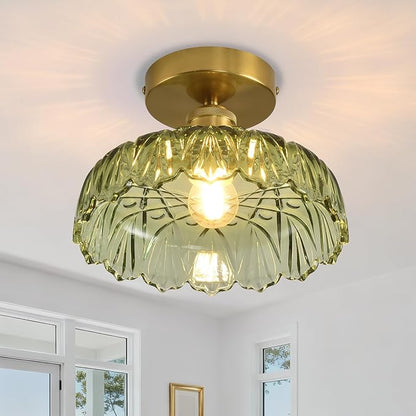 Semi Flush Mount Ceiling Light Mid Century Modern Floral Green Glass Shade, Close to Ceiling Lighting Fixtures for Bedroom, Bathroom, Kitchen, Closet Laundry Room, Foyer and Hallway 9.45 in