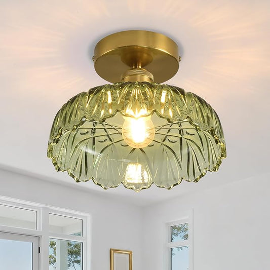 Semi Flush Mount Ceiling Light Mid Century Modern Floral Green Glass Shade, Close to Ceiling Lighting Fixtures for Bedroom, Bathroom, Kitchen, Closet Laundry Room, Foyer and Hallway 9.45 in