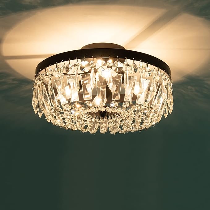 KSRYSZCQ Black Crystal Ceiling Light, 15''Modern Semi Flush Mount Ceiling Light Fiture 4-Light Crystal Chandelier with E12 Bulb for Dining Room, Kitchen Island, Bedroom Hallway