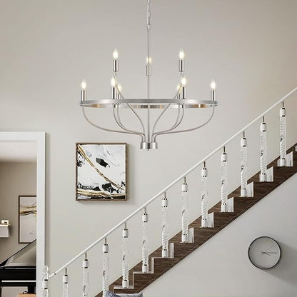 9-Light Brushed Nickel Chandelier, Modern Candle Chandeliers for Dining Room 30" Metal Vintage Farmhouse Chrome Chandelier Light Fixture for Kitchen Island, Bedroom, Foyer, Living Room