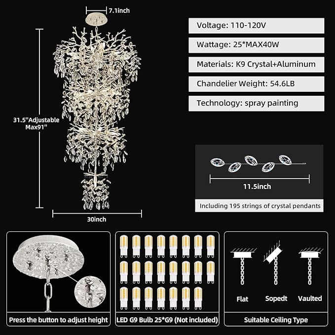 Modern Tree Branch Crystal Chandelier 91" Sliver Luxury Large Pendant Lighting 25-Light Contemporary K9 Crystal Chandeliers for Dining Room Kitchen Living Room Foyer Entryway (Sliver, H91"-Round)
