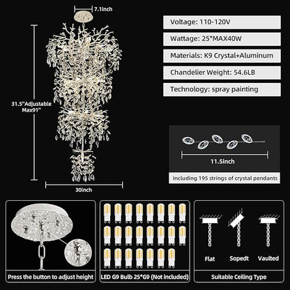 Modern Tree Branch Crystal Chandelier 91" Sliver Luxury Large Pendant Lighting 25-Light Contemporary K9 Crystal Chandeliers for Dining Room Kitchen Living Room Foyer Entryway (Sliver, H91"-Round)