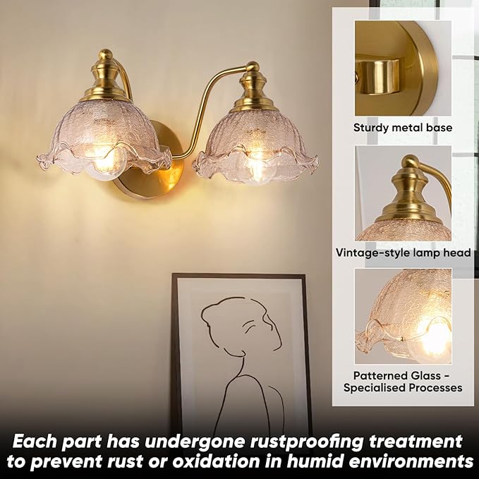 Bathroom Vanity Lights, 2 Light Bathroom Vanity Light with Floral Amber Glass Shades, Gold Vanity Light for Bedside Tables bathrooms vanities E26 (Bulb Not Included)