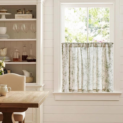 jinchan Amlie Floral Kitchen Curtains 30 Inch Length Linen Cafe Curtains Small Window Drapes Light Filtering Botanical Farmhouse for Bedroom Bathroom Rod Pocket 2 Panels Sage Green on Linen