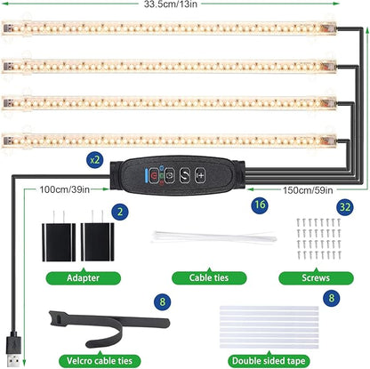 13 Inches Plant Growing Lamp Strips, Full Spectrum LED 3500K Grow Light for Indoor Plants with 3/9/12H Timer and 10 Dimmable Levels for Green House Hydroponics Succulent and Shelf, 4 Head 2 Pack
