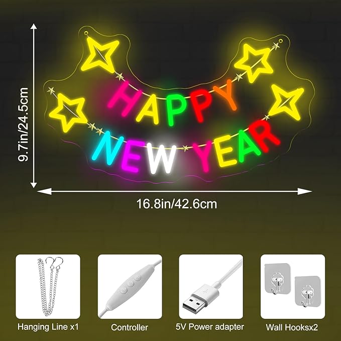 Happy New Year Neon Sign, LED Light Wall Art, Colorful New Year Party Decor, Neon Sign with Stars, Holiday Home Decor, New Year Celebration Sign 16.8″ × 9.6″