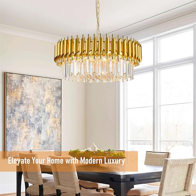Gold Crystal Chandelier Round Chandeliers – 24" with 5-Tier Sparkling K9 Crystals, Chandeliers for Dining Room Living Room Bedroom Foyer