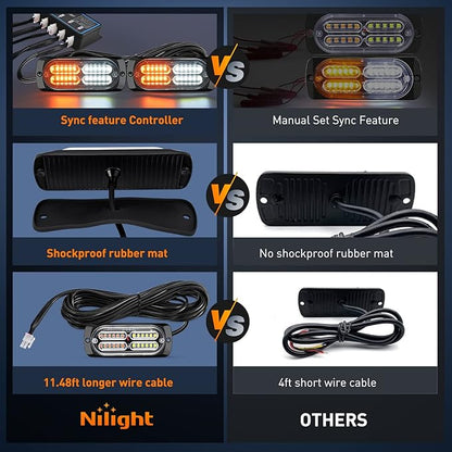 Nilight 4PCS LED Strobe lights 12V Sync Feature Amber White 24LED Emergency Hazard Warning Lights with Controller Hard Wire or Cigarette Lighter Plug for Car Truck RVs Campers