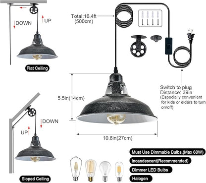 Plug in Pendant Light With Switch,Vintage Industrial Design,16.4ft Cord,Adjustable Pulley,Easy Install,Ideal For Living Room,Pool Table,Bedroom,Kitchen,Sloped Ceiling,Bar,Outdoor Shed(Silver Black)