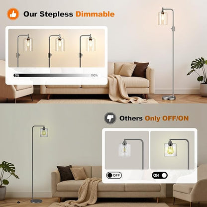【Upgraded】Dimmable Floor Lamp for Living Room with Glass Lampshade, Brushed Nickel Modern Floor Lamp with 900LM LED Bulb Included, Bright Standing Tall Lamp for Bedroom, Office, Reading Room, Corner