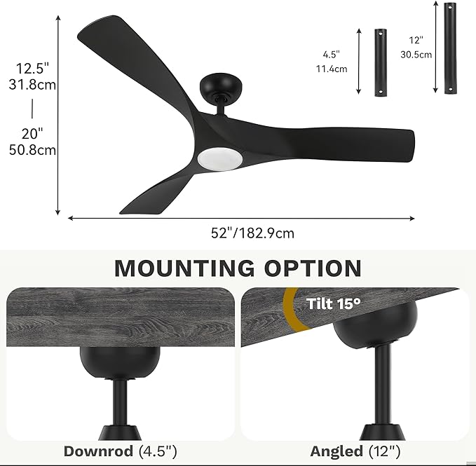 DWVO Ceiling Fan with Light, 52" Ceiling Fan with Remote, LED Tri-Color Temperature, 3 Blade Ceiling Fans Reversible 6 Speeds w/Quiet DC Motor for Bedroom, Living Room, Dining Room, Patio
