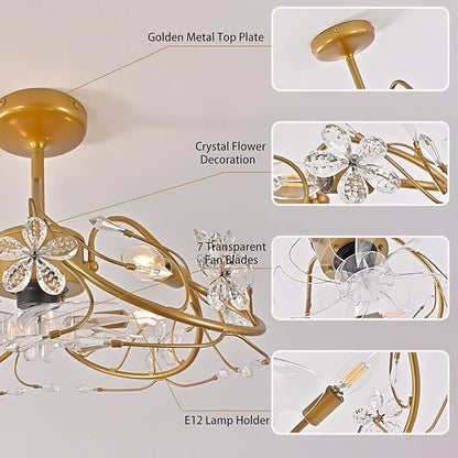 Ganeed 20.5“ Gold Crystal Fandelier Ceiling Fans with Lights, Crystal Diamond Flower Chandelier Ceiling Fan with Remote Control, Modern Caged Fandelier 6 Speeds for Girl's Bedroom, Living Room