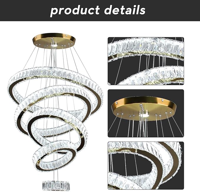 Dixun LED Crystal Chandeliers, Modern 5 Rings Pendant Light Titanium Gold Stainless Steel Height Adjustable Ceiling Light for Bedroom Dinning Room Kitchen (Cool White)