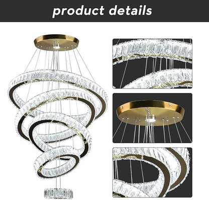 Dixun LED Crystal Chandeliers, Modern 5 Rings Pendant Light Titanium Gold Stainless Steel Height Adjustable Ceiling Light for Bedroom Dinning Room Kitchen (Cool White)
