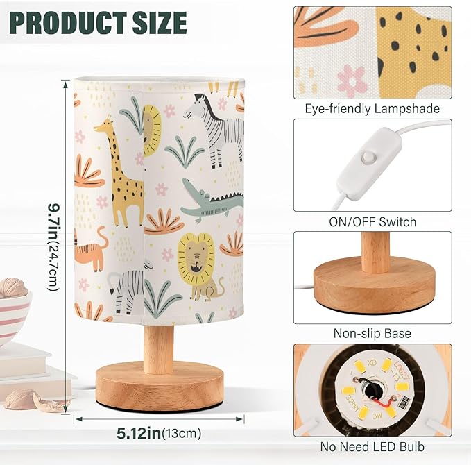 Bedside Table Lamp Cute Animals Nightstand Lamp with Wood Funny Lion Zebra Crocodile Cat Giraffe Desk Lamps for Bedroom Living Room Nursery Office Home Decor