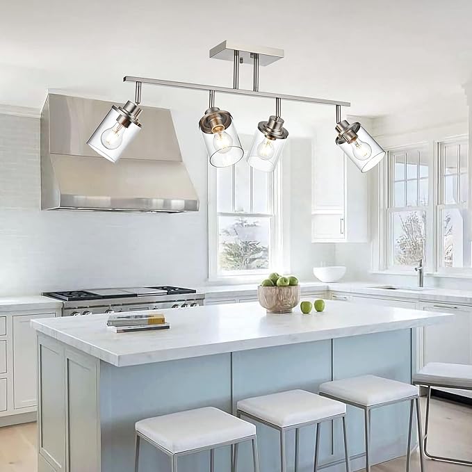 4 Lights Directional Ceiling Light Fixtures with Flexibly Rotatable Light Head Brushed Nickel Bathroom Lights Modern Complete Track Lighting Kits with Clear Glass Shade, E26 Base