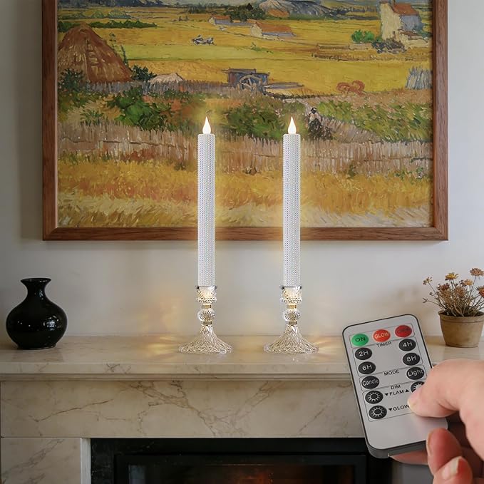 LED Flameless Taper Candles with Remote Control,Set of 2, Silver Glitter Finish, Crystal Glass Candlestick Holders, Timer Function (White LED)