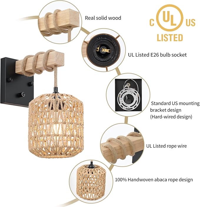 Rattan Boho Wall Sconce, Hardwired Hand-Woven Farmhouse Wall Lamps with Wooden Arm & On/Off Dimmable Switch,Large Rustic Indoor Wall Mount Light Fixtures for Bedroom Nursery Bathroom, 1 Pack