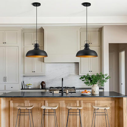 Black Farmhouse Pendant Lights 16 Inch Matte Pendant Lighting for Kitchen Island Industrial Adjustable Height Vintage Dome Hanging Light Fixtures for Barn, Dining Room 2 Packs