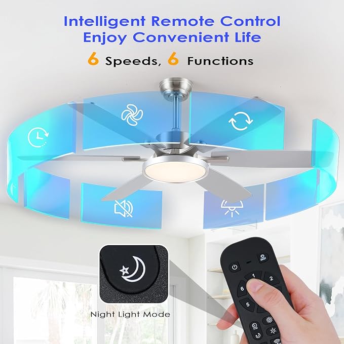 Hounberi 52 Inch Ceiling Fans with Lights and Remote, Modern Brushed Nickel Ceiling Fan with Light, Reversible DC Motor, Dual-Sided 6 Blades, 3CCT, Dimmable LED Ceiling Fan for Living room, Bedroom