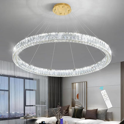 HAIXIANG Modern Crystal Chandelier Dimmable Large Ring LED Pendant Lights Adjustable Glam Chandeliers Lighting Fixtures for Dining Room Living Room Bedroom Gold Light