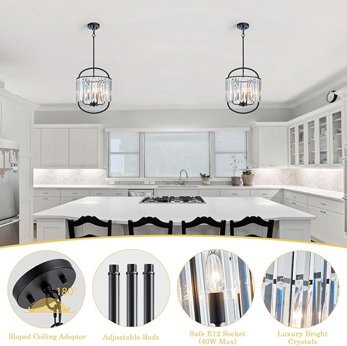 Black Crystal Pendant Light for Dining Room 12.8" Mini Luxury Crystal Chandelier 4-Light Small Modern Elegant Adjustable Chandelier for Bedroom Kitchen Island Hanging Ceiling Light Fixture