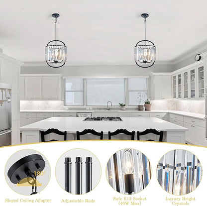 Black Crystal Pendant Light for Dining Room 12.8" Mini Luxury Crystal Chandelier 4-Light Small Modern Elegant Adjustable Chandelier for Bedroom Kitchen Island Hanging Ceiling Light Fixture