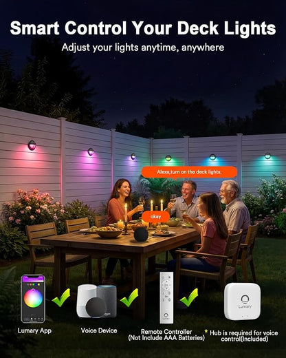 Lumary 12-24V Smart Low Voltage Deck Lights with Hub, 4Inch RGB+CCT Outdoor Privacy Fence Lights, IP65 Waterproof Landscape Lighting for Step, Deck, Patio, Compatible with Alexa & Google, 6Pack