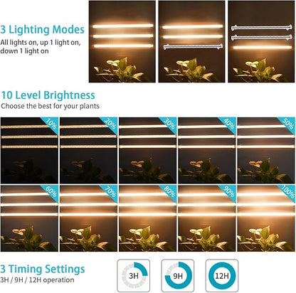 Hywyimlait 3 Head LED Grow Light Strips for Indoor Plants Full Spectrum 3500K, 144 LEDs Plant Light Bar with 3/9/12H Timer, 10 Dimmable Levels for Seedling Succulent, 13 Inches