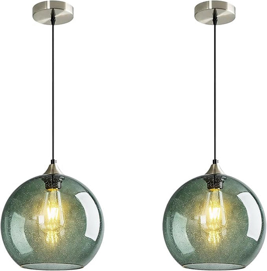 Modern 2-Pack Glass Globe Pendant Lights, Gray Green Modern Pendant Lighting for Kitchen Island, Glass Hanging Lamps for Dining Room Living Room Bedroom, Medium 7.87 Inch Fixture (Bulbs Not Included)