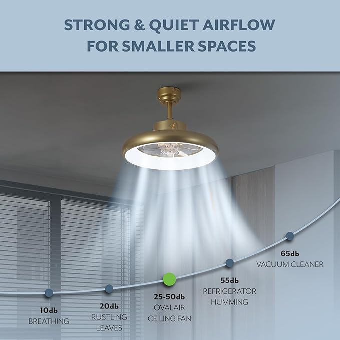 Oval AIR Loren 20" Small Smart Ceiling Fan with Light, Semi Flush Mount, Quiet 6-Speed Reversible Motor, Dimmable LED, Adjustable CCT, App & Remote Control, Modern Glam, Gold AIR8002A