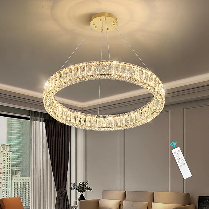 HAIXIANG Modern Crystal Chandelier Dimmable LED Ring Pendant Lights Adjustable Glam Chandeliers Lighting Fixtures for Dining Room Living Room Bedroom Gold Light