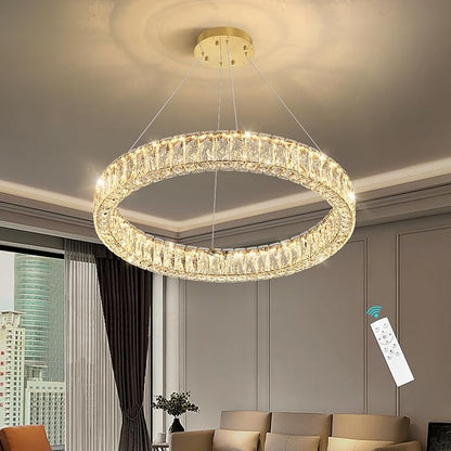 HAIXIANG Modern Crystal Chandelier Dimmable LED Ring Pendant Lights Adjustable Glam Chandeliers Lighting Fixtures for Dining Room Living Room Bedroom Gold Light